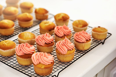 Buy stock photo Cropped shot of cupcakes on a rack