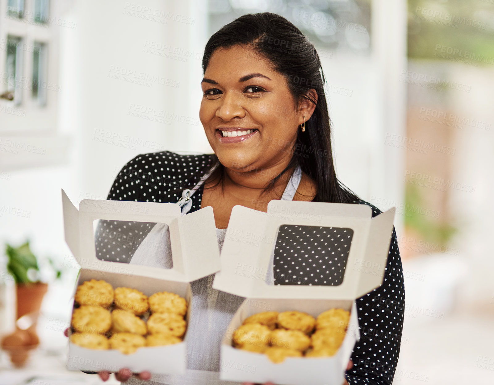 Buy stock photo Woman, portrait or kitchen with box for food at startup, small business with hustle or cake. Female entrepreneur, retail or promotion in bakery with catering at home, seller with happiness or dessert