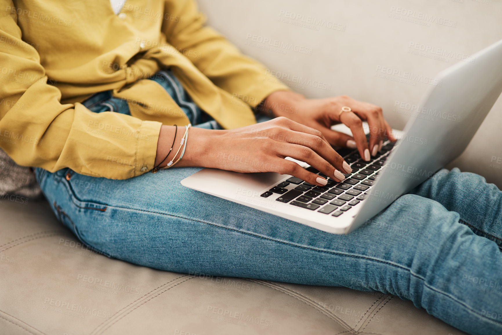 Buy stock photo Woman, relax and hands with laptop on sofa for research, information and browsing on internet. Network, connection and female person with technology at home for online shopping, website and ecommerce