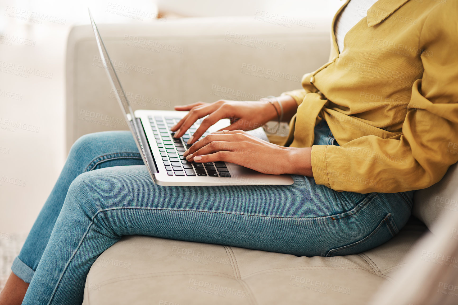 Buy stock photo Woman, home and hands with laptop on sofa for research, information and browsing on internet. Network, relax and female person with connection on technology for online shopping, ecommerce and website