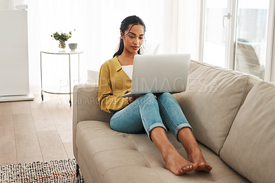 Buy stock photo Woman, home and relax with laptop on sofa for research, information and browsing on internet. Network, connection and female person with technology in house for ecommerce, website and online shopping