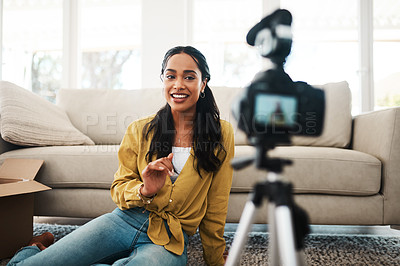 Buy stock photo Woman, content creator and apartment with digital camera for podcast, vlogging and recording video. Female person, home and living room as influencer with live screaming, broadcast and internet