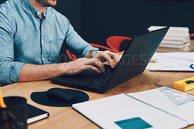 Buy stock photo Hands, architecture and laptop in office for research, design planning and building project. Computer, person and young engineer in workplace for contractor, development and industrial notebook