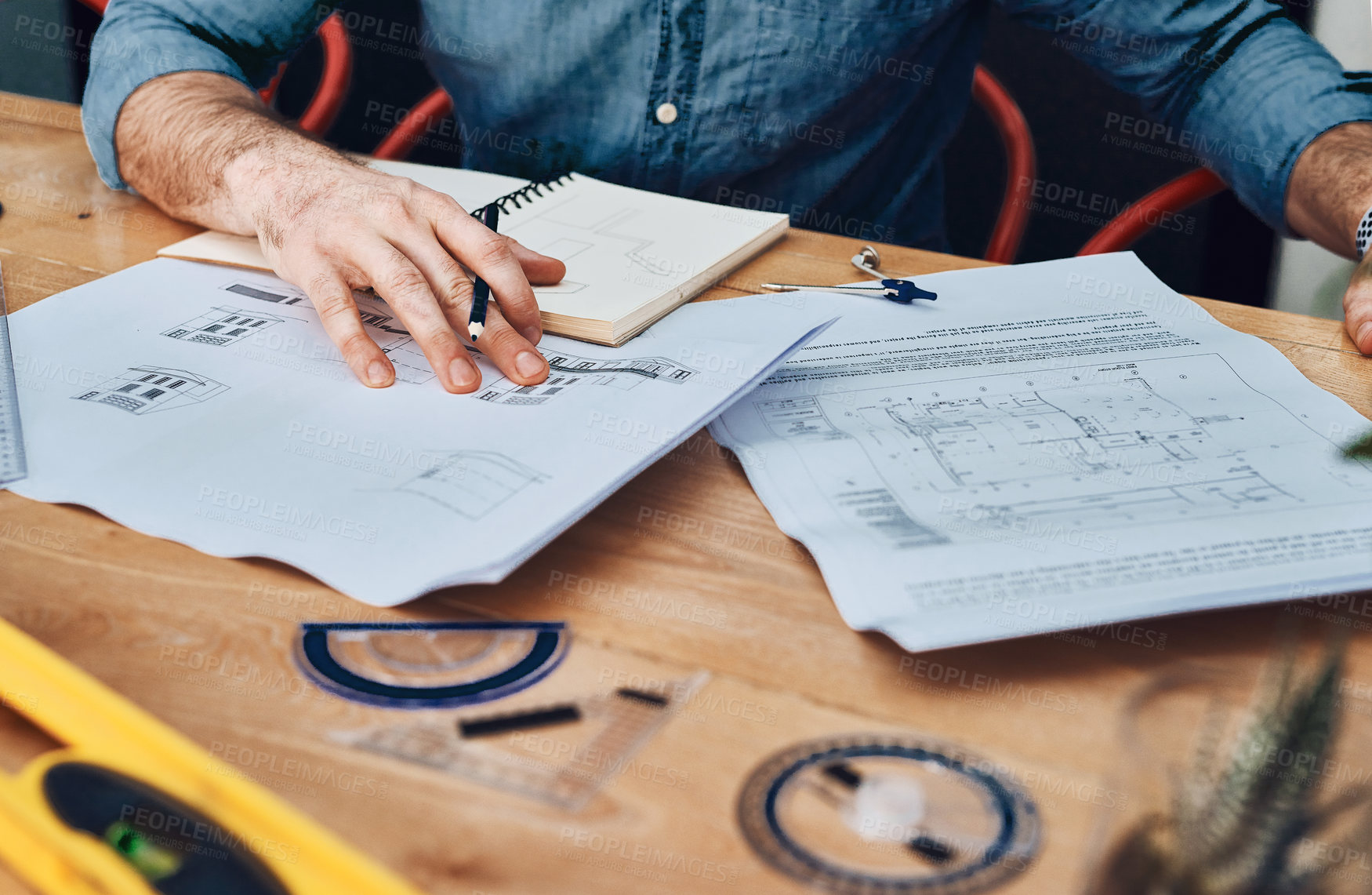 Buy stock photo Hands, design and architect in workshop with blueprint, drawing and measurement for building. Person, professional and architecture for construction, project or property with equipment or engineering