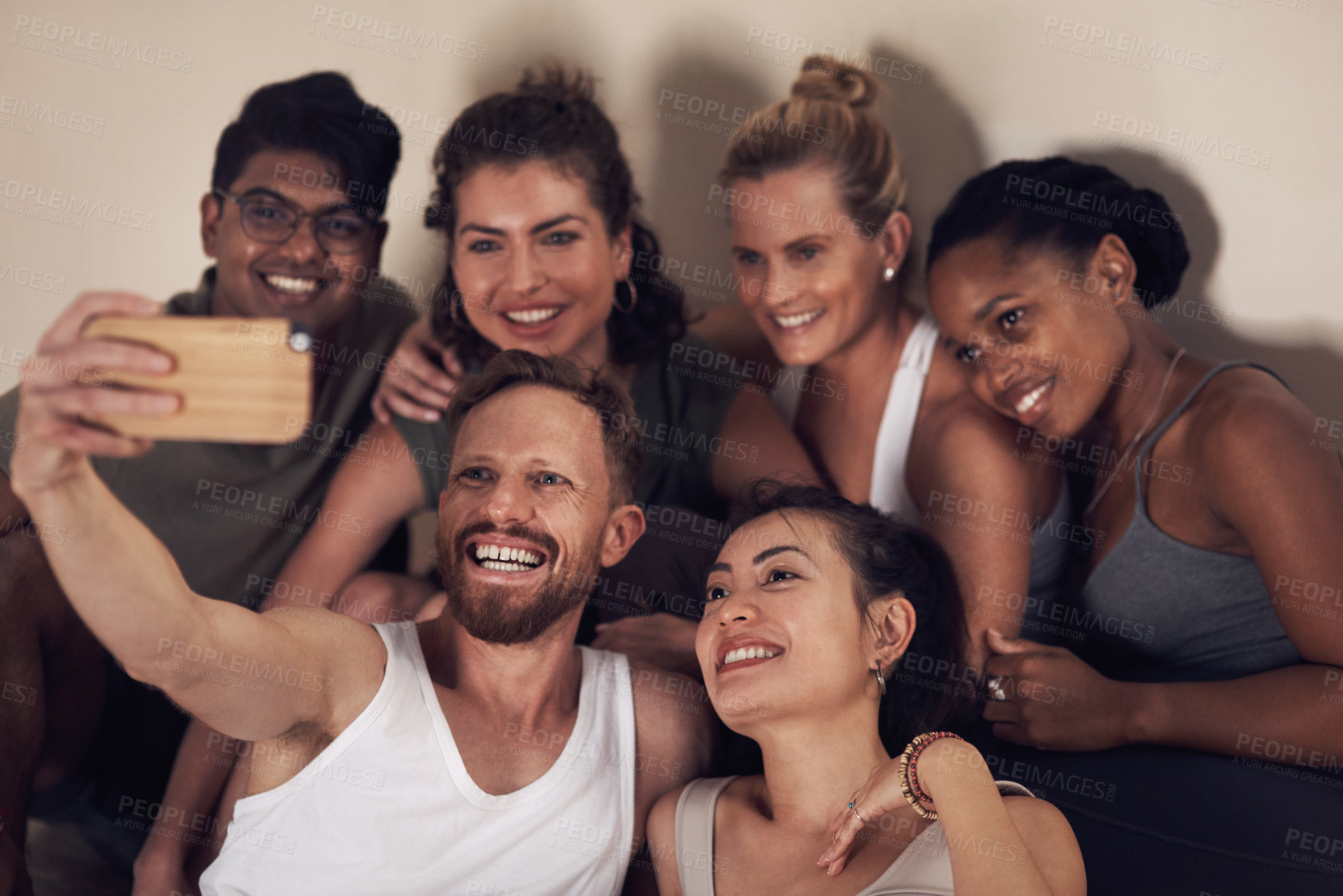 Buy stock photo Selfie, diversity and group of people in yoga class with about us, support and teamwork for social media. Students, friends and happiness for training, wellness and bonding for post, network or app