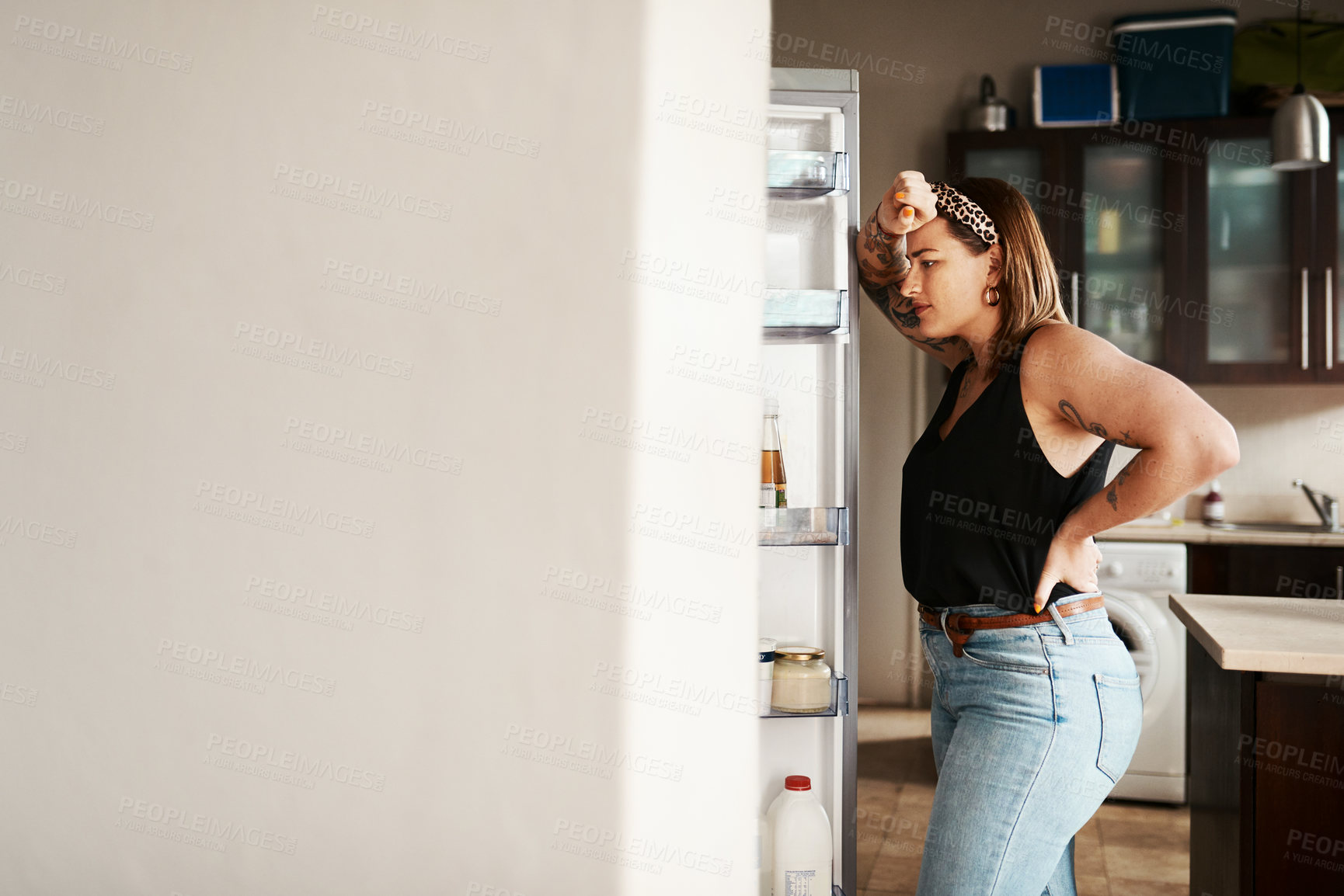 Buy stock photo Plus size, chubby and hungry woman looking in a fridge, thinking of food or searching for meal while on a diet. Stressed, anxious and frustrated lady struggling with weight loss management