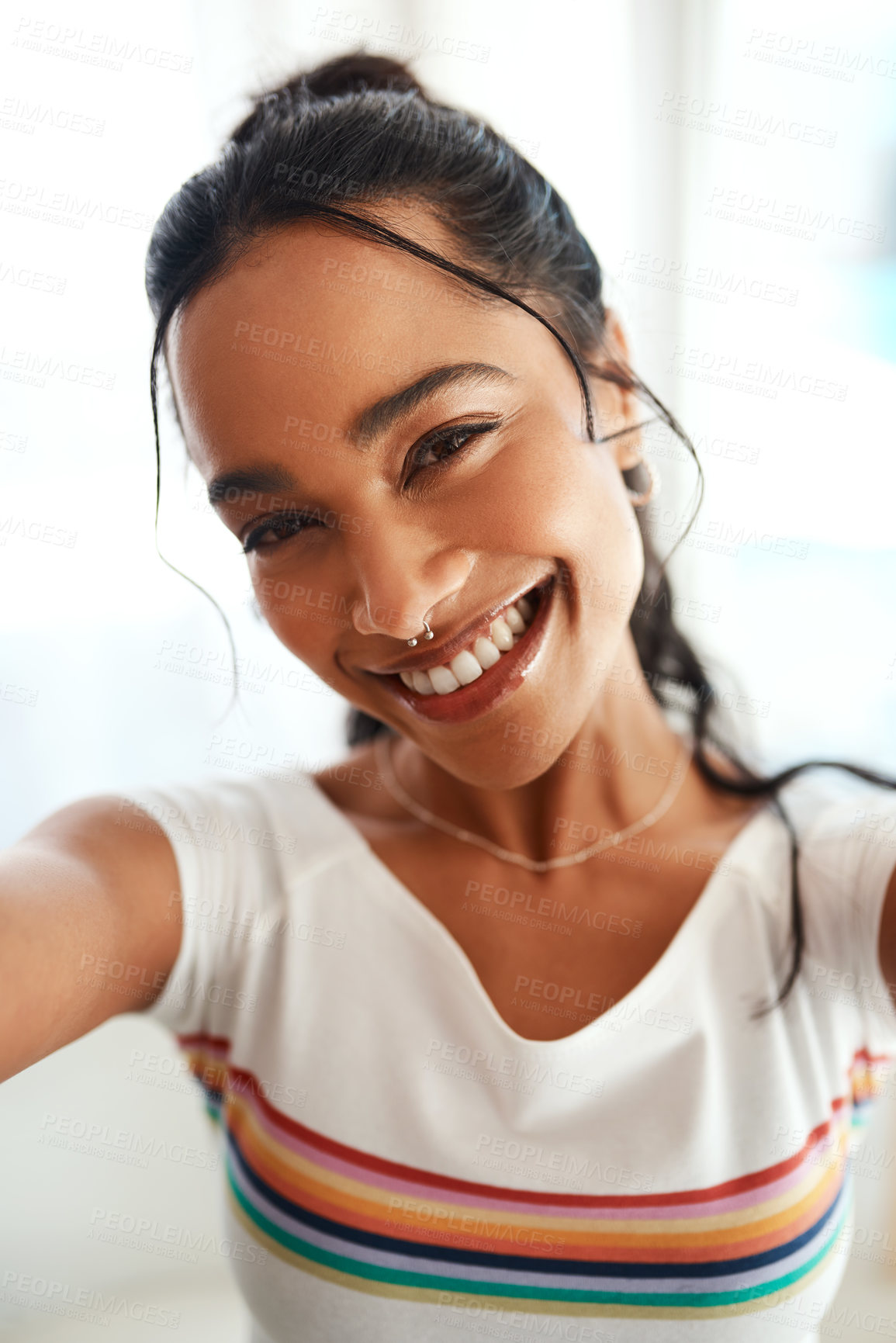 Buy stock photo Woman, portrait and smile selfie for profile picture, vlog or social media post at home. Happy,  influencer or creative vlogger in POV with casual fashion, photo or memory in house living room