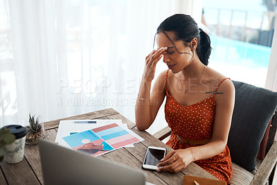 Buy stock photo Frustrated woman, designer or headache with stress for deadline, pressure or mistake at home office. Young, female person or freelancer with vertigo or anxiety in fatigue, burnout or strain at house