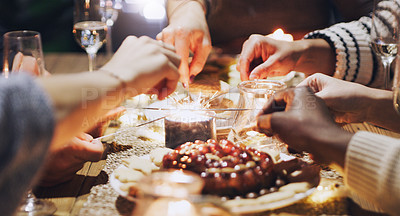 Buy stock photo Dinner, celebration and friends with sparkles at party for Christmas, new years eve and festive gathering. Friendship, happiness and hands of people lighting sparklers at dinner party for holiday