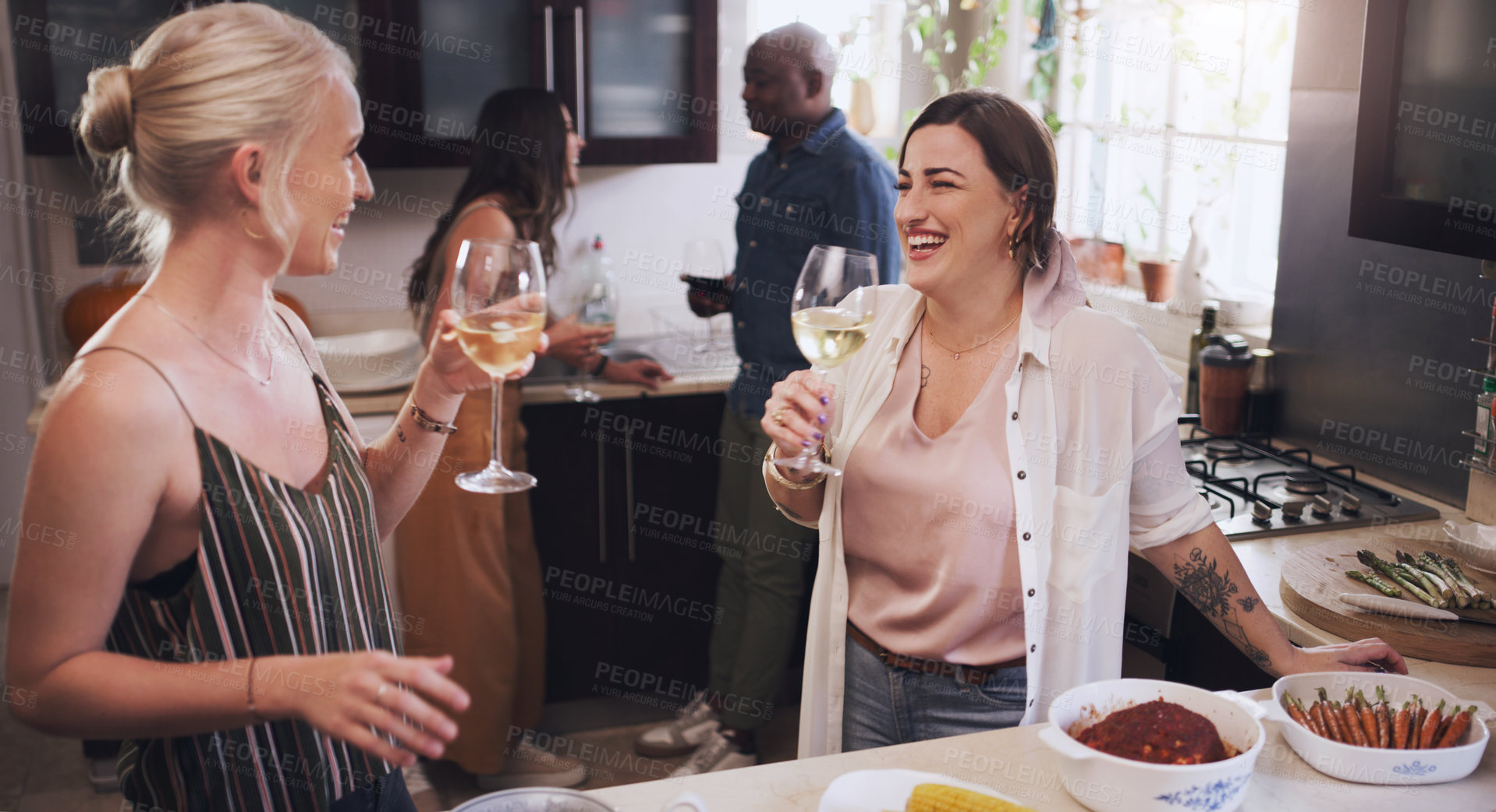 Buy stock photo Chatting, wine and friends in kitchen of home together for bonding, drinking alcohol or visit. Glass, happy and smile with relax and young women in conversation at apartment for celebration or party