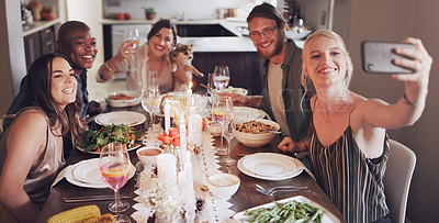 Buy stock photo People, diversity or phone selfie at Christmas dinner party, festive social gathering or healthy food celebration in house or home. Happy smile, bonding xmas friends or mobile photography technology