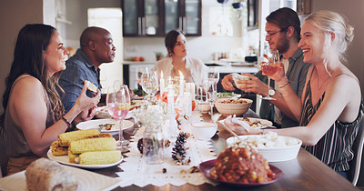 Buy stock photo Dinner party, candles and diversity of people in house for birthday, celebration and food. Christmas lunch, table and champagne with friends in home for hosting social, holiday and eating together