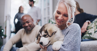 Buy stock photo Friends, family and woman with puppy in living room at Christmas party in family home. Friendship, diversity and dog love, happy woman with smile and new pet at holiday celebration in apartment.
