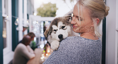 Buy stock photo Woman holding her dog with love, care and happiness at a dinner, party or celebration at a house. Happy, smile and lady hugging her husky pet at a festive, new year or christmas event at home. 