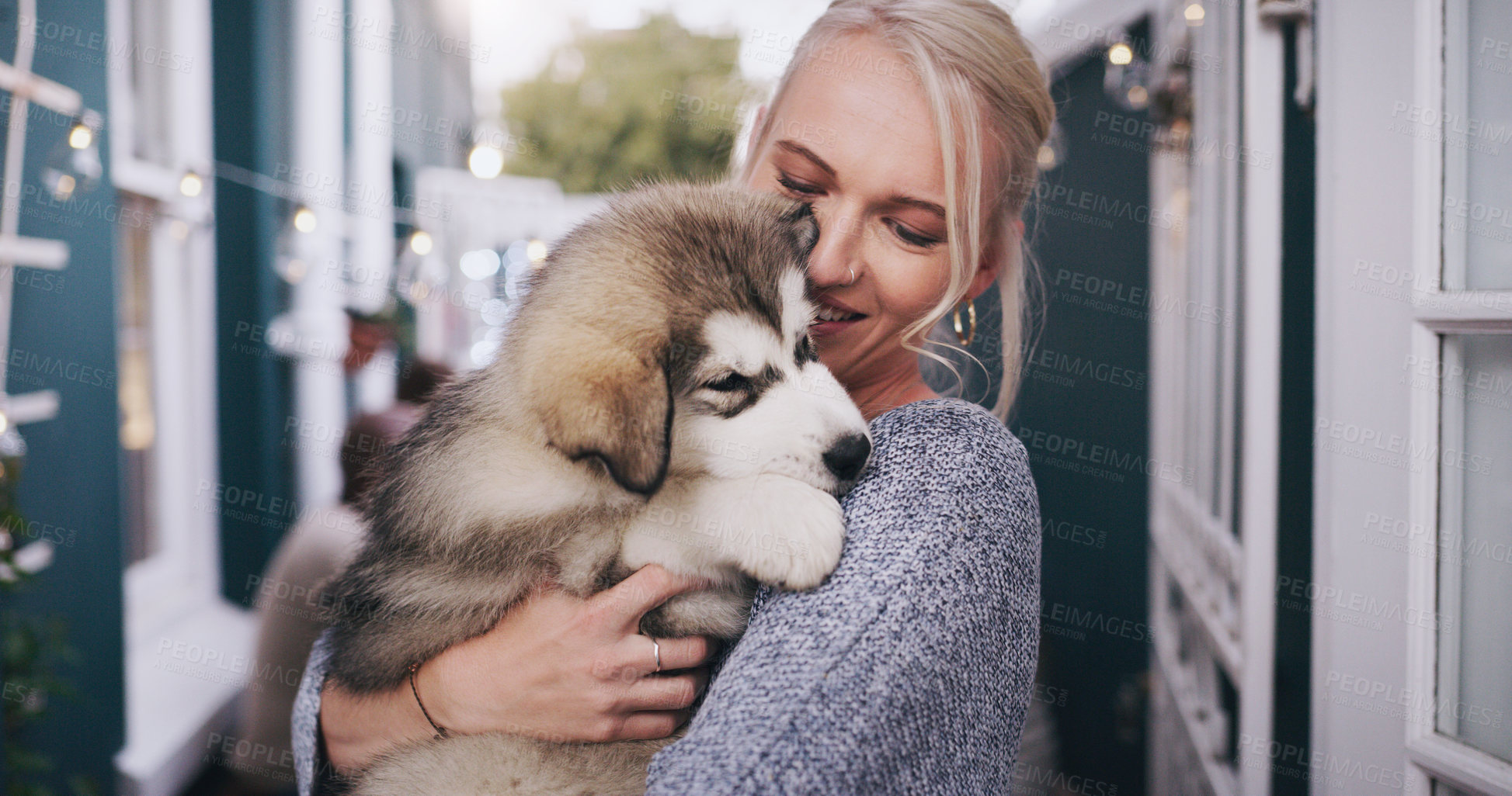 Buy stock photo Dogs, trust and a woman carrying her pet in the home as a companion for love, safety or friendship. Happy, dog and a female animal owner holding her purebred husky puppy over her shoulder in a house
