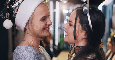 Buy stock photo Christmas party, woman and a couple of friends at a holiday lgbt celebration with happiness. Lesbian, smile and gay people celebrate love, social and new year event together feeling relax and happy
