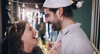 Buy stock photo Couple, people and happy with dance for Christmas dinner or party on holiday with decor, fun and bonding. Relationship, love and smile or laugh with festive season, celebration and together at home