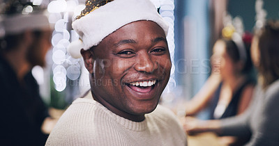 Buy stock photo Portrait, party and happy man at christmas event with friends celebrating the festive season. Headshot, face and black man cheerful during an xmas dinner with friends and family at home to celebrate
