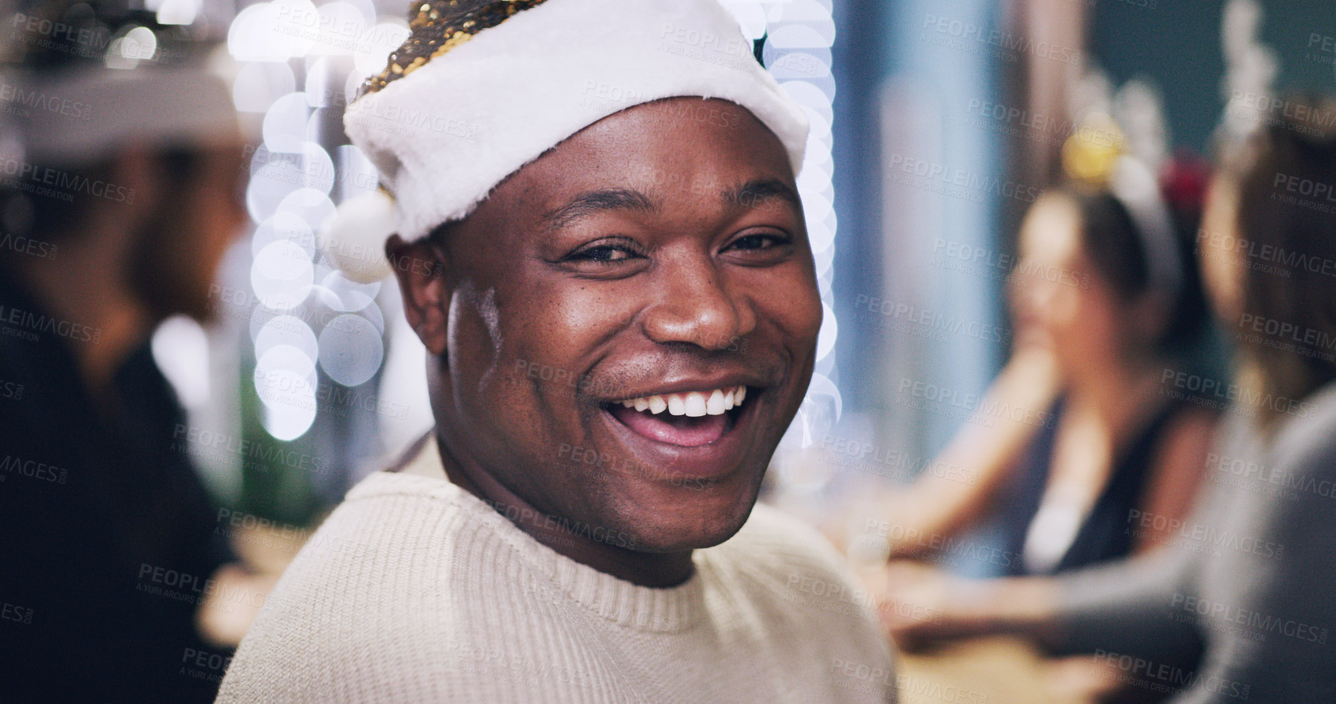 Buy stock photo Portrait, party and happy man at christmas event with friends celebrating the festive season. Headshot, face and black man cheerful during an xmas dinner with friends and family at home to celebrate