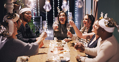 Buy stock photo Christmas, party and friends toast with champagne at dinner, lunch and festival celebration together. Social event, cheers and men and women with alcohol enjoy, holiday, vacation and dinner party