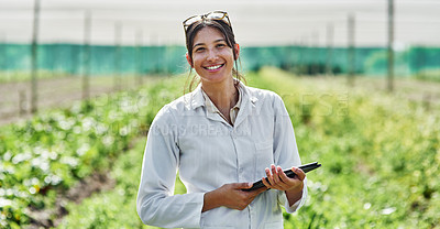 Buy stock photo Portrait, tablet and agriculture with a woman in a greenhouse on a farm for organic sustainability. Food, spring and a female farmer outdoor to manage fresh vegetables or produce crops for harvest