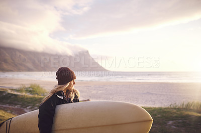 Buy stock photo Woman, seaside and thinking with surfboard for practice, training and workout in Australia. Female person, beach and break to explore or adventure for fitness, wellbeing and self care with sports