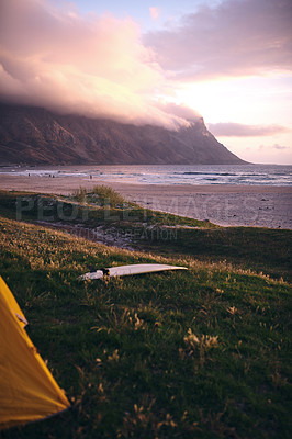 Buy stock photo Cropped shot of a campsite on the beach