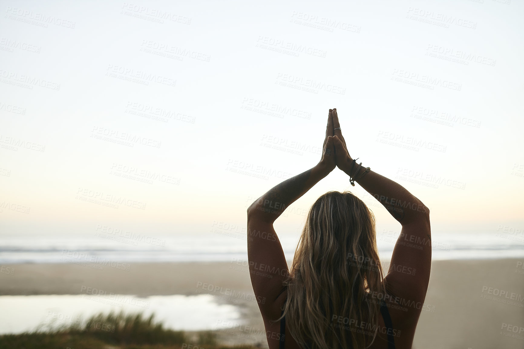 Buy stock photo Back, beach and woman with prayer hands for yoga, wellness and inner peace for mindfulness outdoor. Nature, female person and yogi with namaste to meditate, mental health and zen for holistic energy