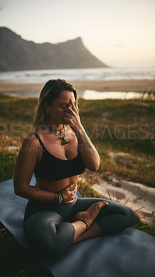 Buy stock photo Woman, yoga and meditation for fitness, balance and calm with healthy mind, third eye or self care. Female person, yogi or exercise in nature for health, chakra or zen with mindfulness or inner peace