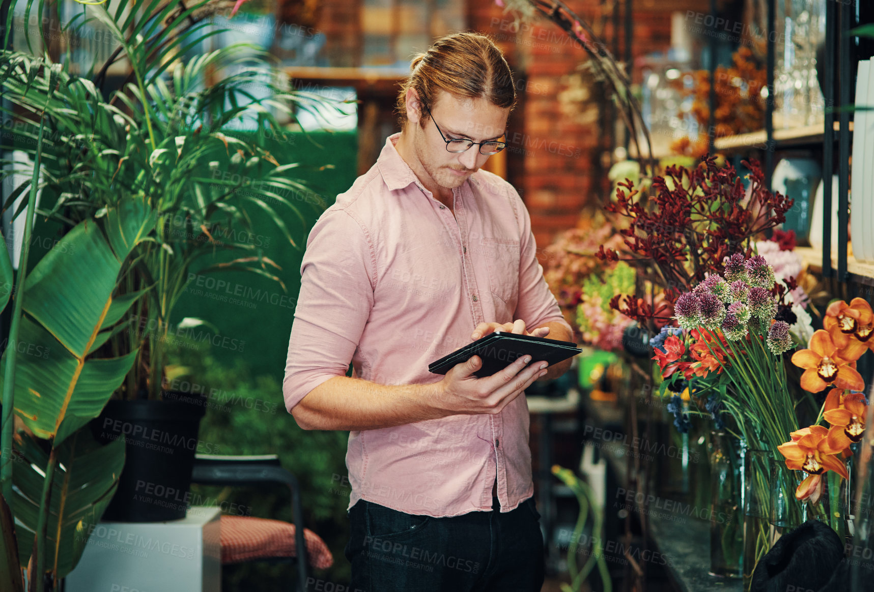 Buy stock photo Cropped shot of a handsome young businessman standing alone in his flower shop and using a tablet