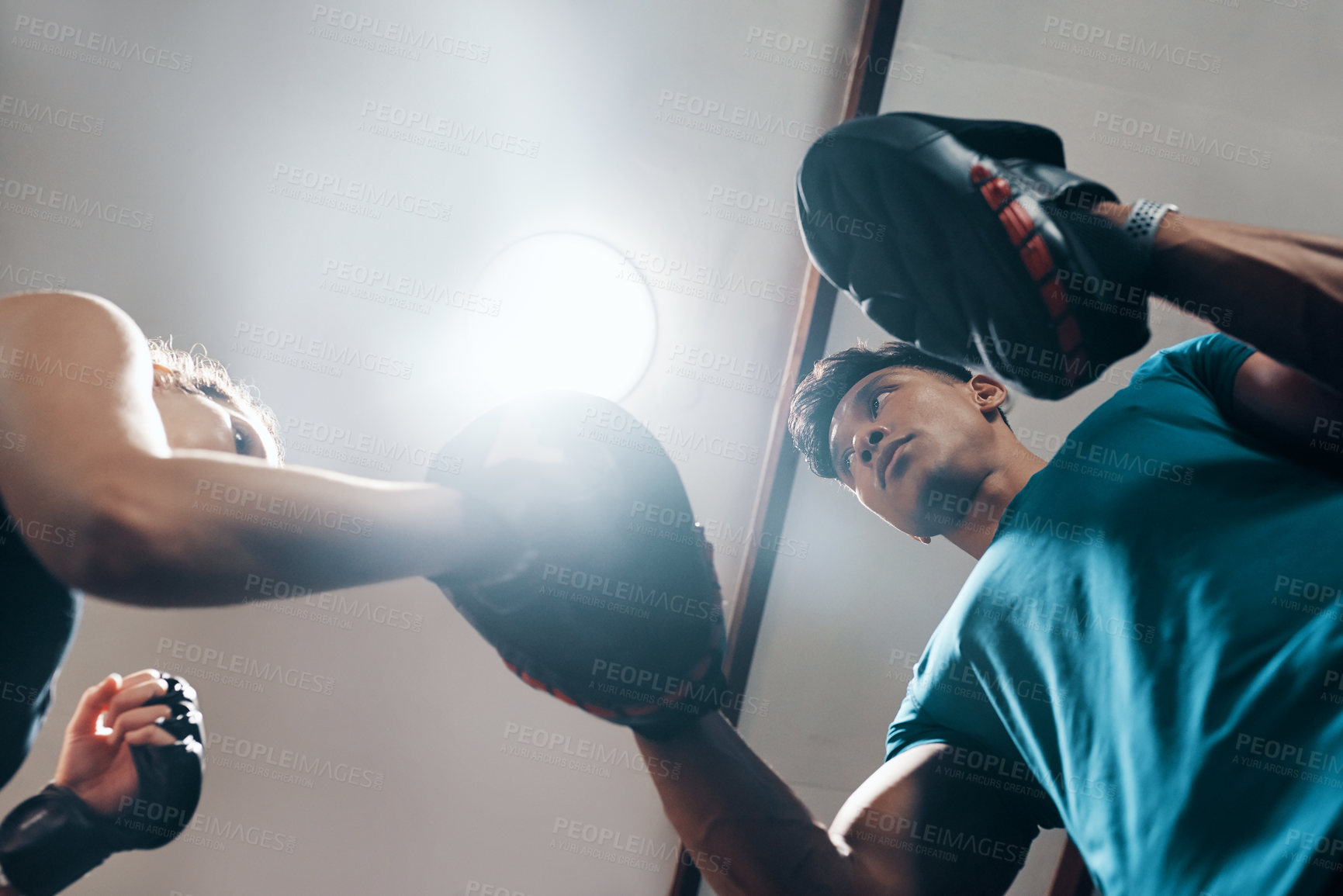 Buy stock photo Fitness, boxing and woman in gym, training and practice with personal trainer, energy or exercise. Health club, sports and endurance of boxer, people or wellness of workout and coach in morning