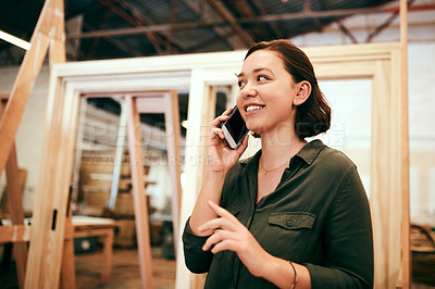 Buy stock photo Idea, phone call and smile of carpenter woman in workshop for professional joinery or woodworking. Craftsmanship, creative and thinking with happy artisan in industry warehouse for engineering design