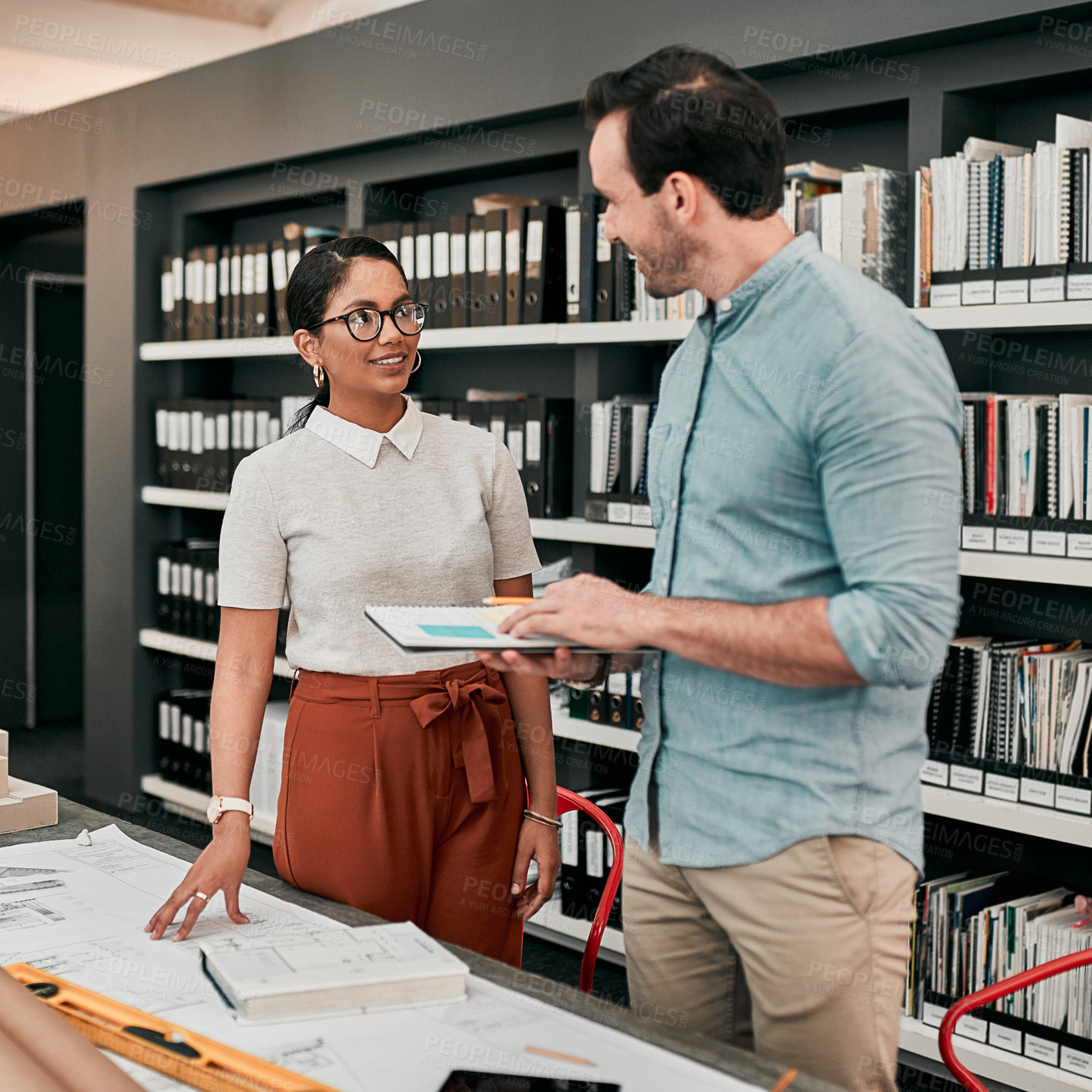 Buy stock photo Tablet, blueprint and architects in office for discussion on site planning for building development project. Meeting, layout and industry designers work with digital technology at architecture agency