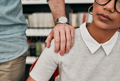 Buy stock photo Stress, support and business people in office with comfort, kindness and mental health in project management. Partnership, trust and woman with hand of man on shoulder for help, empathy or advice 