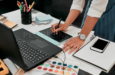 Buy stock photo Architect, hands and drawing with graphic tablet, laptop and documents on desk with inspiration for design. Person, writing and iot with digital sketch, pc and color sample in modern office at agency