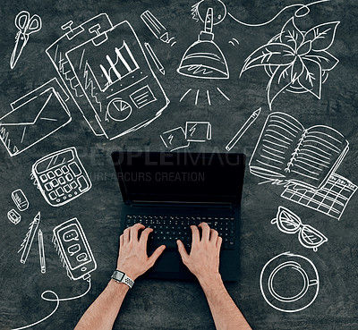 Buy stock photo Cropped shot of an unrecognizable man using his laptop with chalk illustrations drawn around it