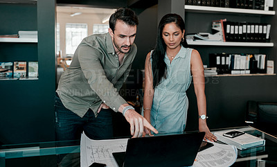 Buy stock photo Laptop, people with construction paper of plan on desk and architecture in modern office. Engineering, teamwork or collaboration at work and coworkers planning or development with blueprint.