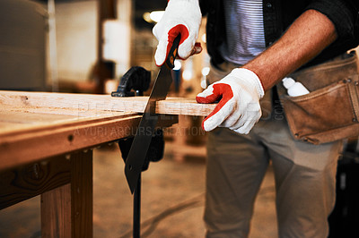 Buy stock photo Wood, hand saw and carpentry with man, tools and construction with skills, industry and business owner. Closeup, person and entrepreneur with project, equipment or design for product or manufacturing