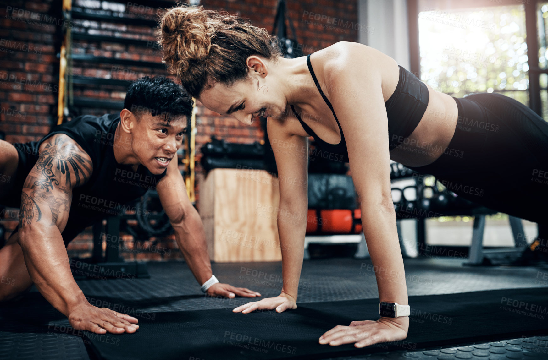 Buy stock photo Push ups, mat and woman in gym, fitness and personal trainer for exercise, man and motivation for health. Instructor, talking and wellness with workout and performance of training and warm up in club