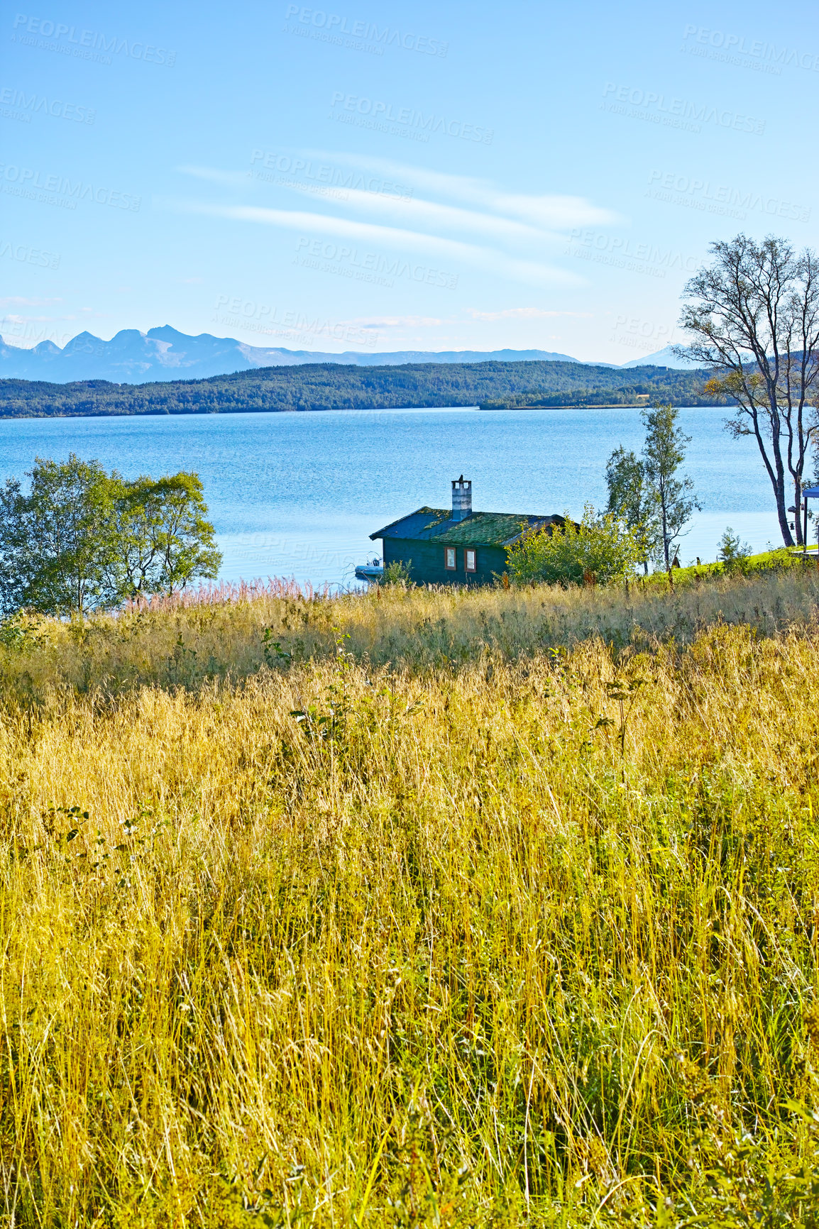Buy stock photo Scenic view of uncultivated grass and lake house in a remote countryside. Wild flora and trees around a small wooden cabin and bay of water in Norway. Landscape of a river, ocean or sea with blue sky