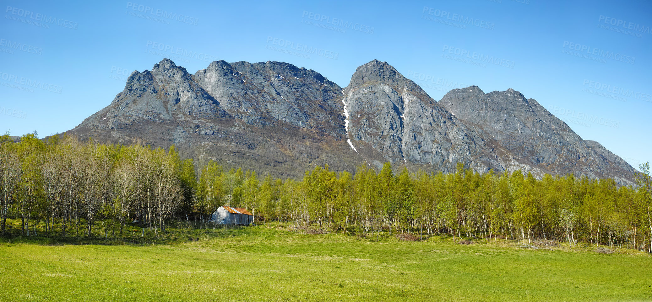 Buy stock photo Landscape view of mountains, blue sky and copy space in a remote countryside field in Norway. Discovering scenic pine tree woods or forests and a cabin in a serene, tranquil and quiet nature meadow