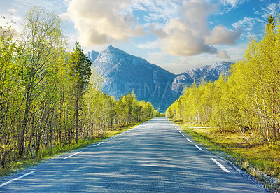 Buy stock photo Idyllic empty road surrounded by trees and forest in summer. Deserted and scenic street or highway with beautiful scenery on vacation. Peaceful mysterious road path for travelling on the countryside