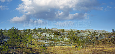 Buy stock photo Landscape of forest trees with a pond in the mountains on a cloudy blue sky with copy space. Summer nature scenery of lush green vegetation, grass, and uncultivated bushes on a mountain in Norway