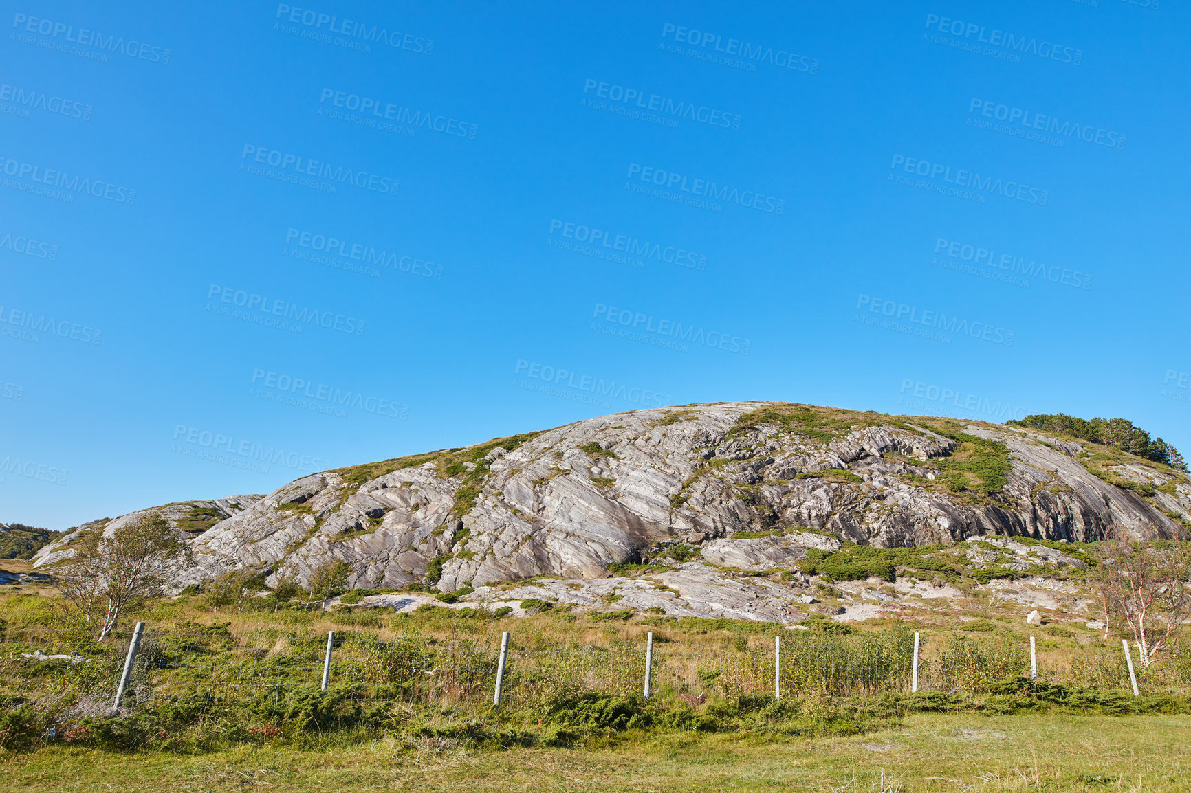 Buy stock photo Landscape view of a boulder on a field during summertime in Nordland, Norway. Copyspace of a rock on a lush green hill on the countryside. Scenic view of nature and natural environment on a sunny day