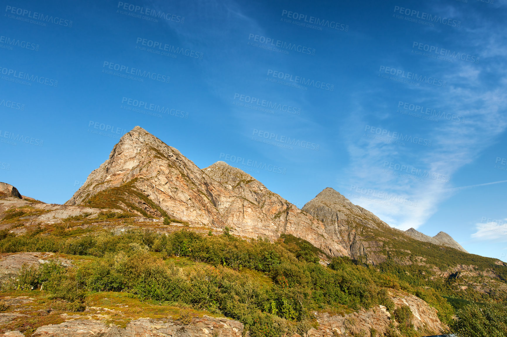 Buy stock photo Panoramic view of a mountain in Norway, Nordland against a blue sky and copyspace. Lush green bushes and trees growing on calm rocky peaks in serene, peaceful nature in harmony