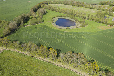 Buy stock photo Aerial view landscape of a green farmland in the countryside of Jutland, Denmark. Secluded and empty grassland in summer from above. Deserted scenery in a quiet rural area for relaxation and farming