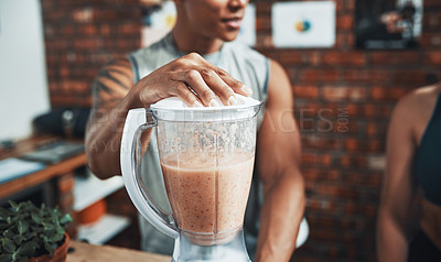 Buy stock photo Hands, blender and smoothie with drink, fitness and health with nutrition, protein and office at gym. Personal trainer, juice or milkshake for supplements, detox or benefits on break at wellness club