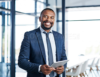 Buy stock photo Black man, happy portrait and tablet for business email, communication and networking in office. African financial advisor, face smile and tech for investment research, news app and risk analysis