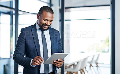 Buy stock photo Black man, happy and tablet for reading business email, communication and networking in office. African financial advisor, smile and tech for online news, positive feedback and investment research