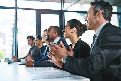 Buy stock photo Clapping, success or presentation with smile of business people for support, seminar and celebration. Conference, winner or applause of audience for goal, motivation and awards for target achievement